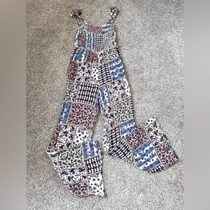 Japna Patchwork Boho Smocked Front Wide Leg Jumpsuit. Flowy. Tie straps. Hippie
